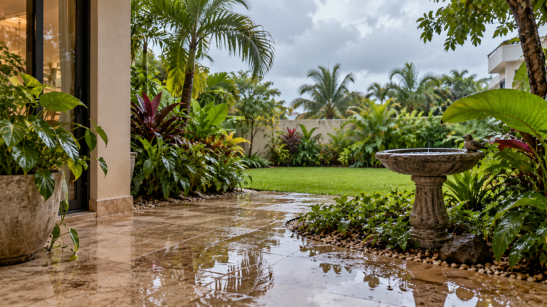 Agua estancada en jardín de Cancún — criadero de mosquitos en temporada de lluvias