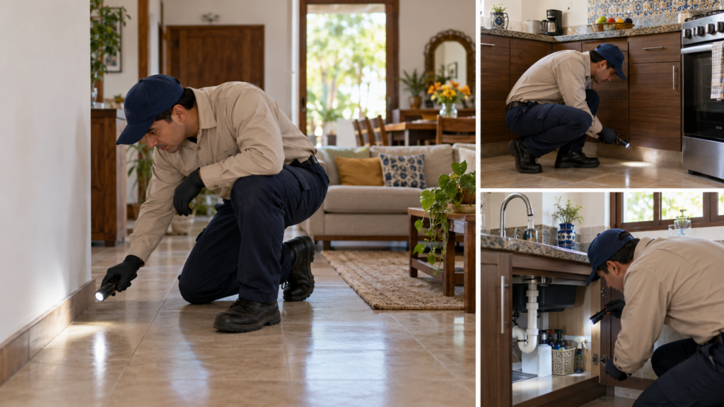 Fumigación preventiva en casa — inspección rutinaria de control de plagas